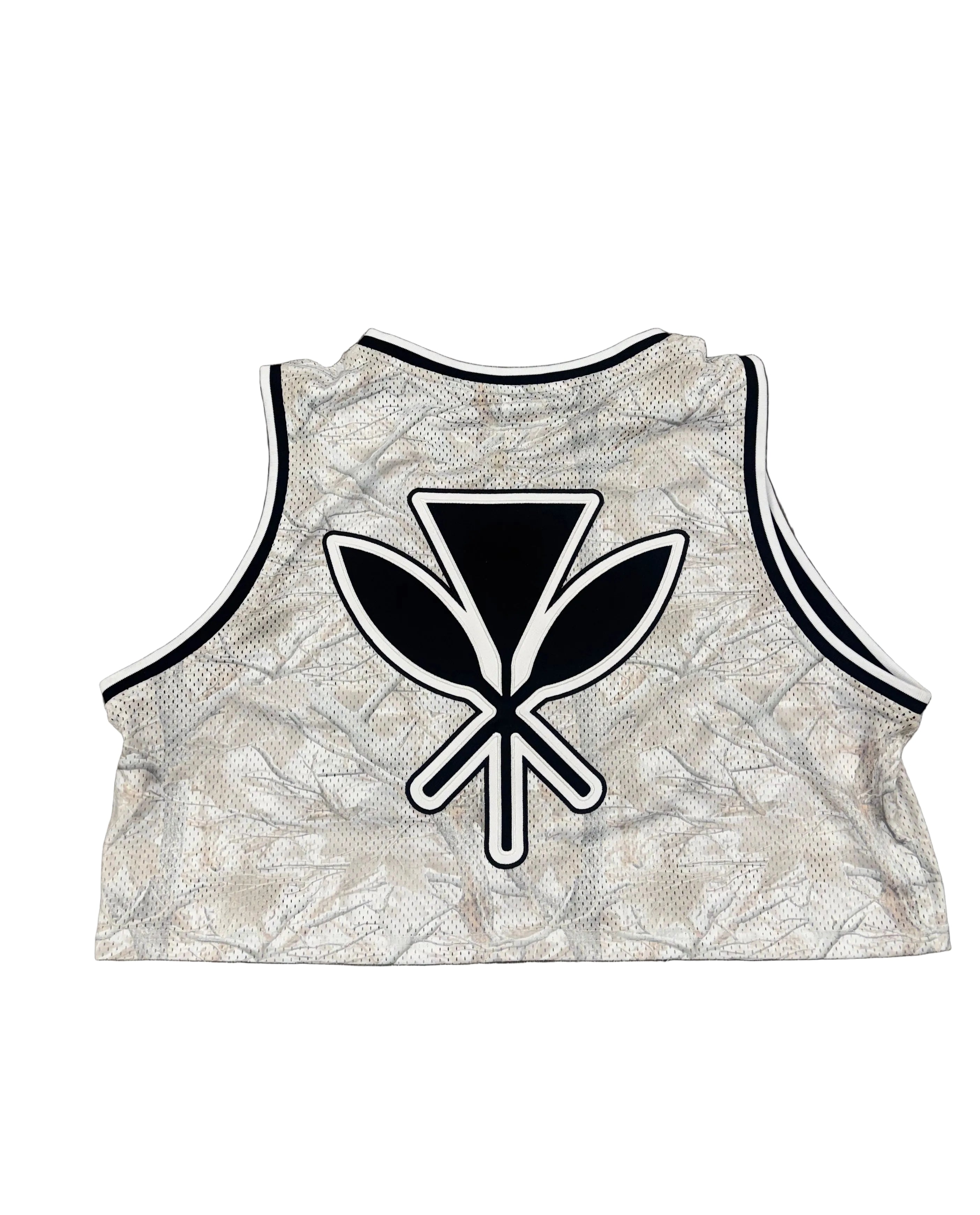 White tank top with black and white logo crop jersey