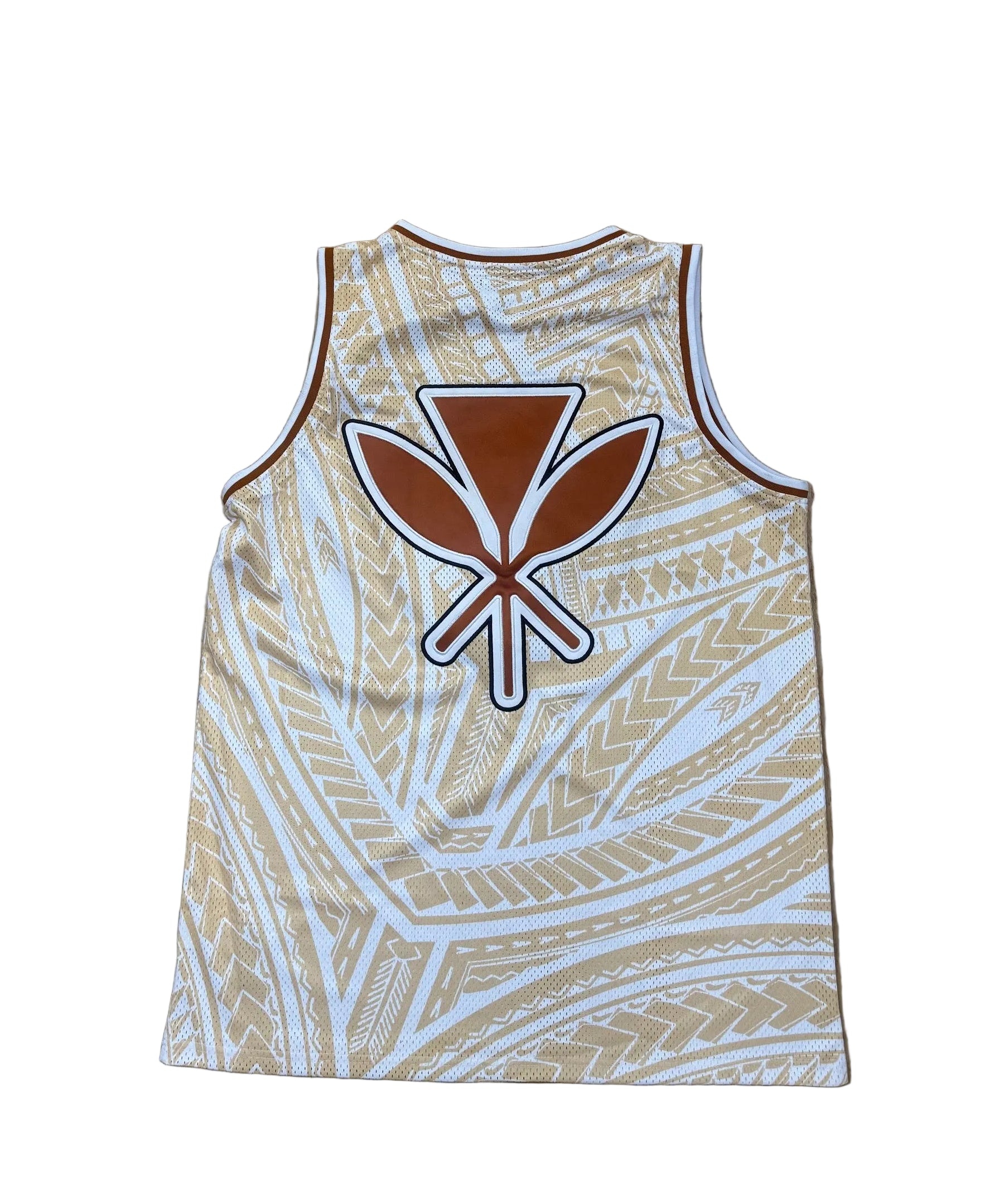 Basketball jersey with tribal design on a wooden floor