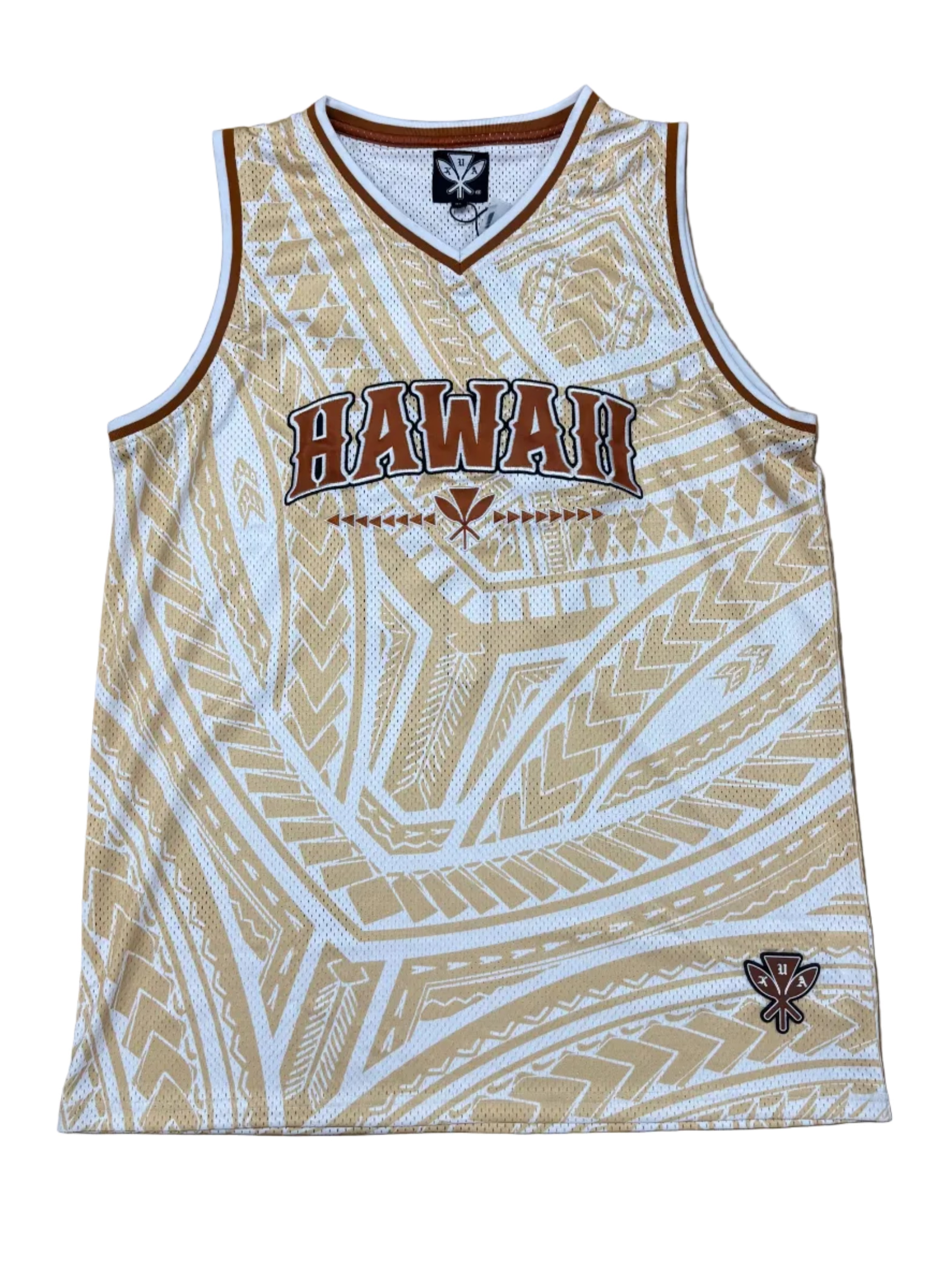 Basketball jersey with 'Hawaii' text on a wooden floor